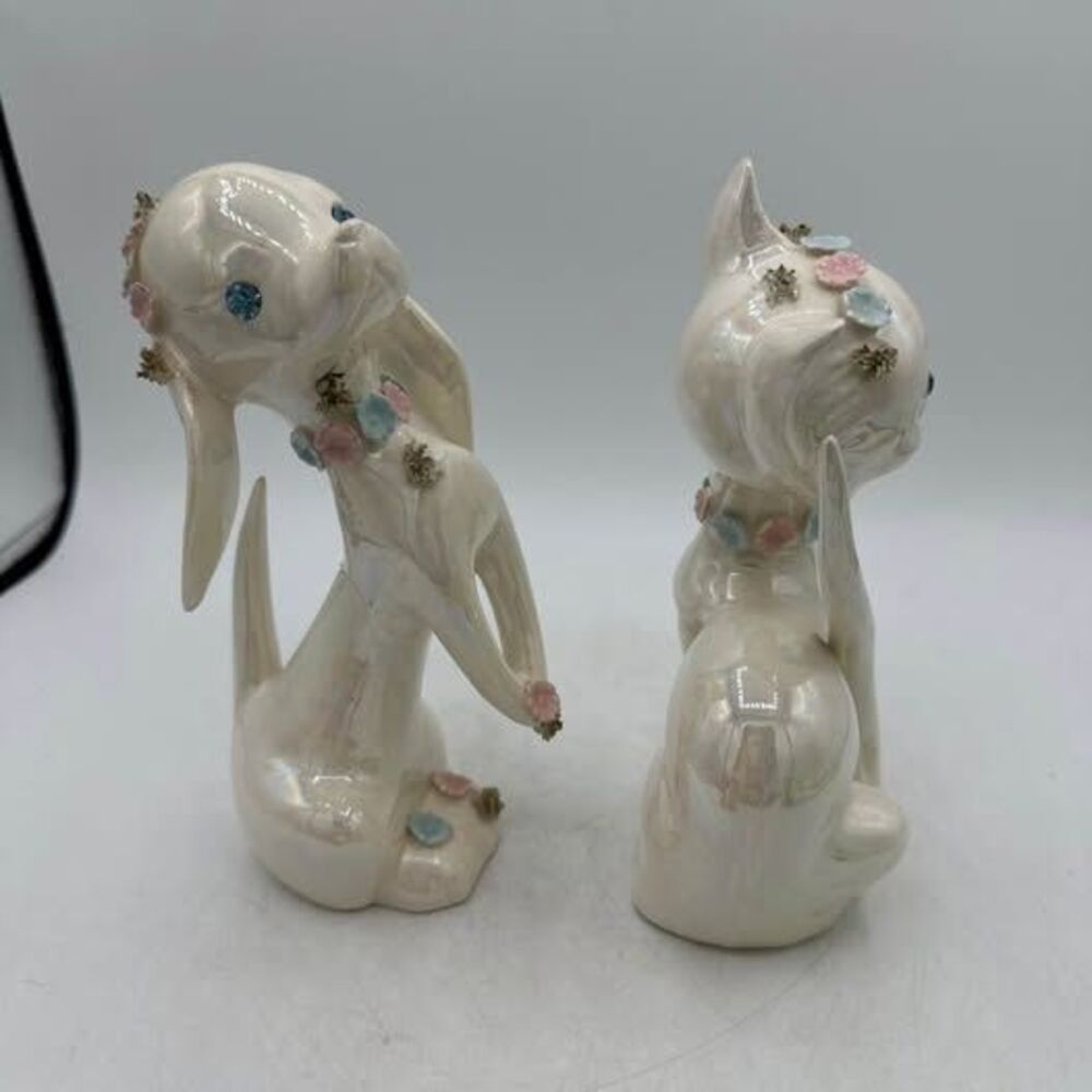 Vintage Lefton Dog Cat Iridescent Figurines Figure Spaghetti Flowers Floral - Picture 5 of 10